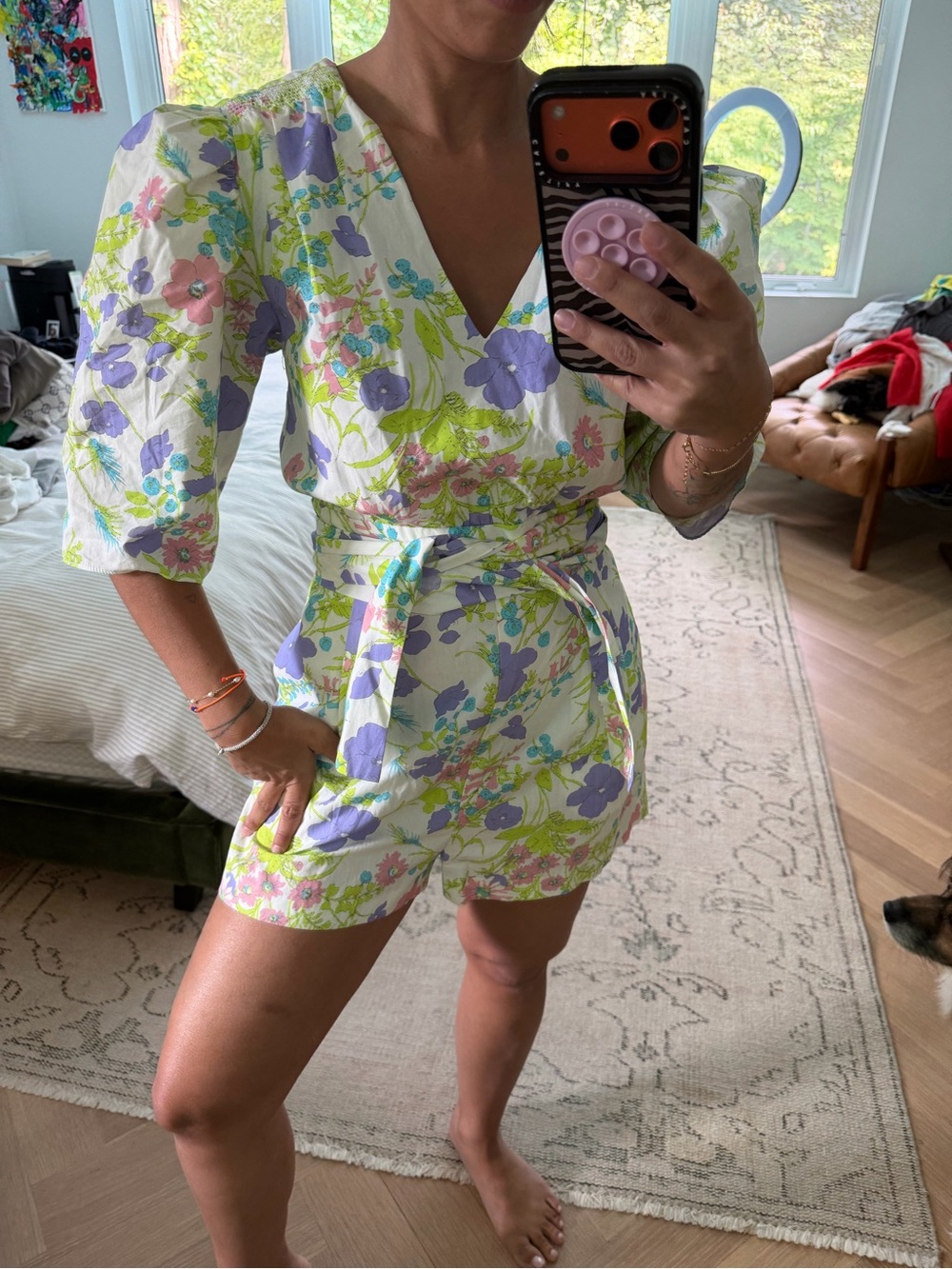 LES REVERIES 
Belted Smocked Floral-Print Cotton-Poplin Playsuit